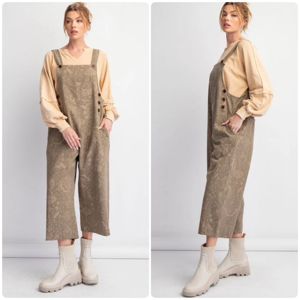NWT Easel Mocha Ethnic Printed Twill Overall Jumpsuit Overalls Size L Boho